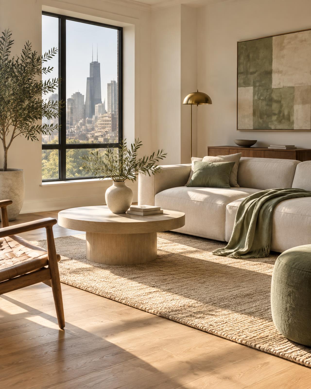 Sunlit, freshly cleaned Chicago living room